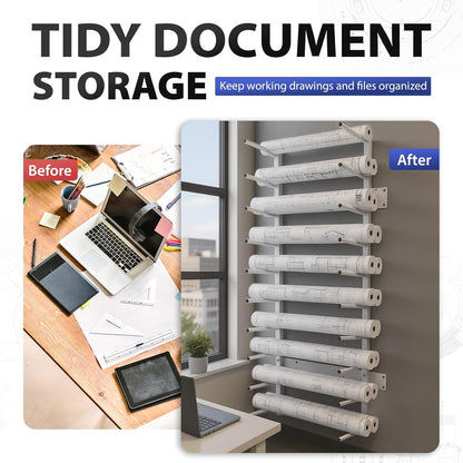 Skiennix Wall Mount Blueprint Storage Rack - Heavy Duty File Holder for Posters & Vinyl Rolls | 320 lbs Capacity