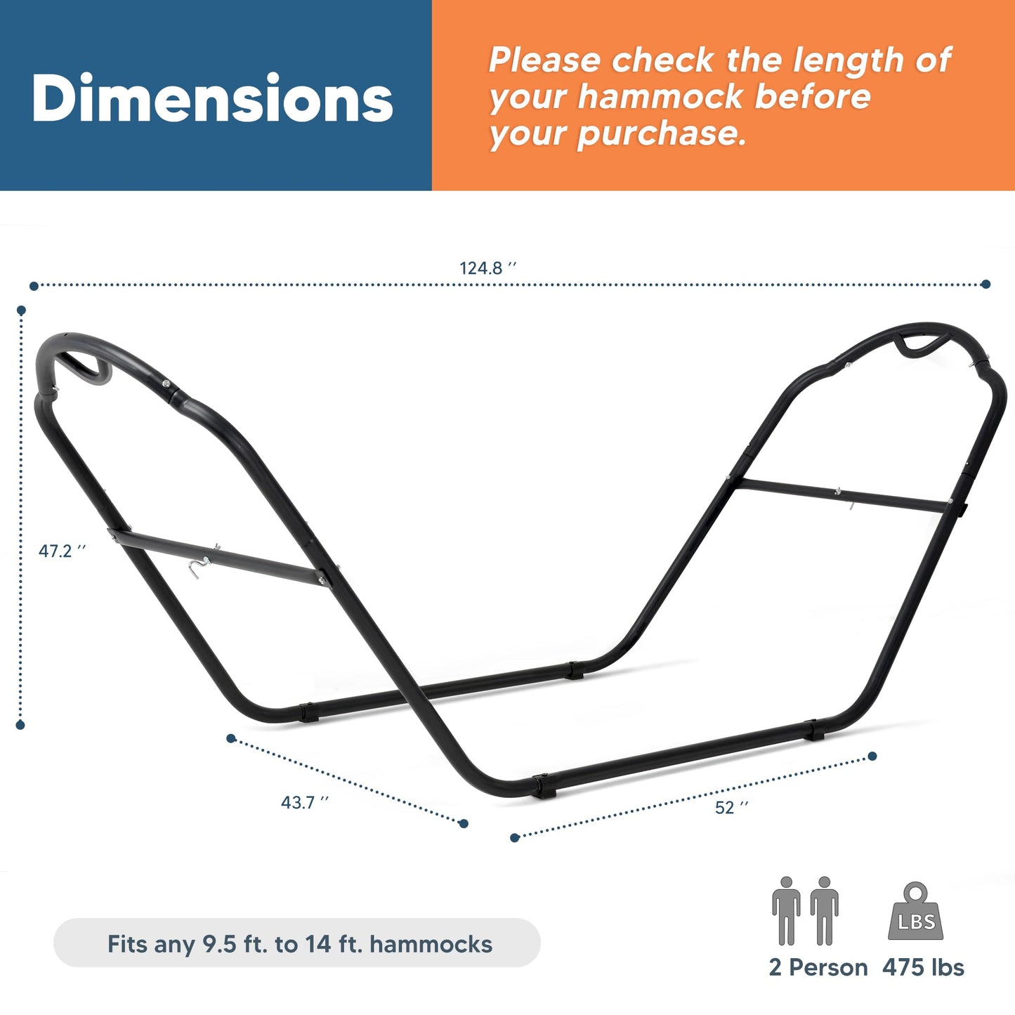 SUNCREAT Universal Steel Hammock Stand Only, Heavy Duty Hammock Stand, Fits 2 Person Hammock 9 to 14 Feet Long, 475-Pound Capacity, Patent Pending, Black