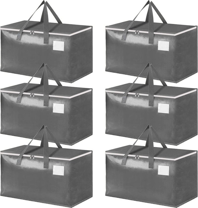 Three-layer Reinforced Moving Bags, 6 Pack Extra Large 93L 60lb Heavy Duty Moving Totes with Strong Zippers & Handles, Easy Open Lids, Water-Resistant, Storage Totes, Fold Flat