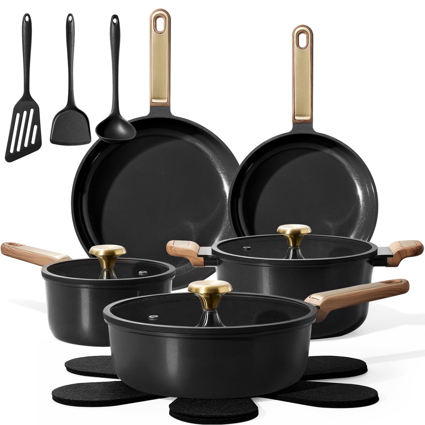 CAROTE Ceramic Cookware Set Nonstick, 16pcs Pots and Pans Set Nonstick, Non-Toxic & PFAS-Free, Dishwasher, RV/Camping Cookware Set, Cooking Pots with Lids, Charcoal Black