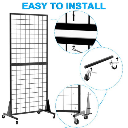 QKOSMTL 3-Pack Gridwall Panel Display Stand, 2'x5.5' Heavy Duty Floor Standing Rack with Detachable Girdwall, Movable Silent Wheel, Easy to Transport, Ideal for Retail & Craft Fairs