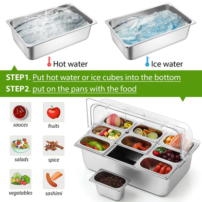 Ziliny Countertop Food Serving Display Container and Clear Roll Top Cover Stainless Steel Food Serving Tray Buffet Condiment Dispenser Display Rack for Restaurant Hotel Kitchen Party (9 Pan)