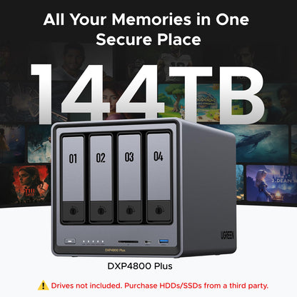 UGREEN NAS DXP4800 Plus 4-Bay Desktop NAS, Intel Pentium Gold 8505 5-Core CPU, 8GB DDR5 RAM, Built-in 128G SSD, 1 * 10GbE, 1 * 2.5GbE, 2 * M.2 NVMe Slots, 4K HDMI, Network Attached Storage (Diskless)