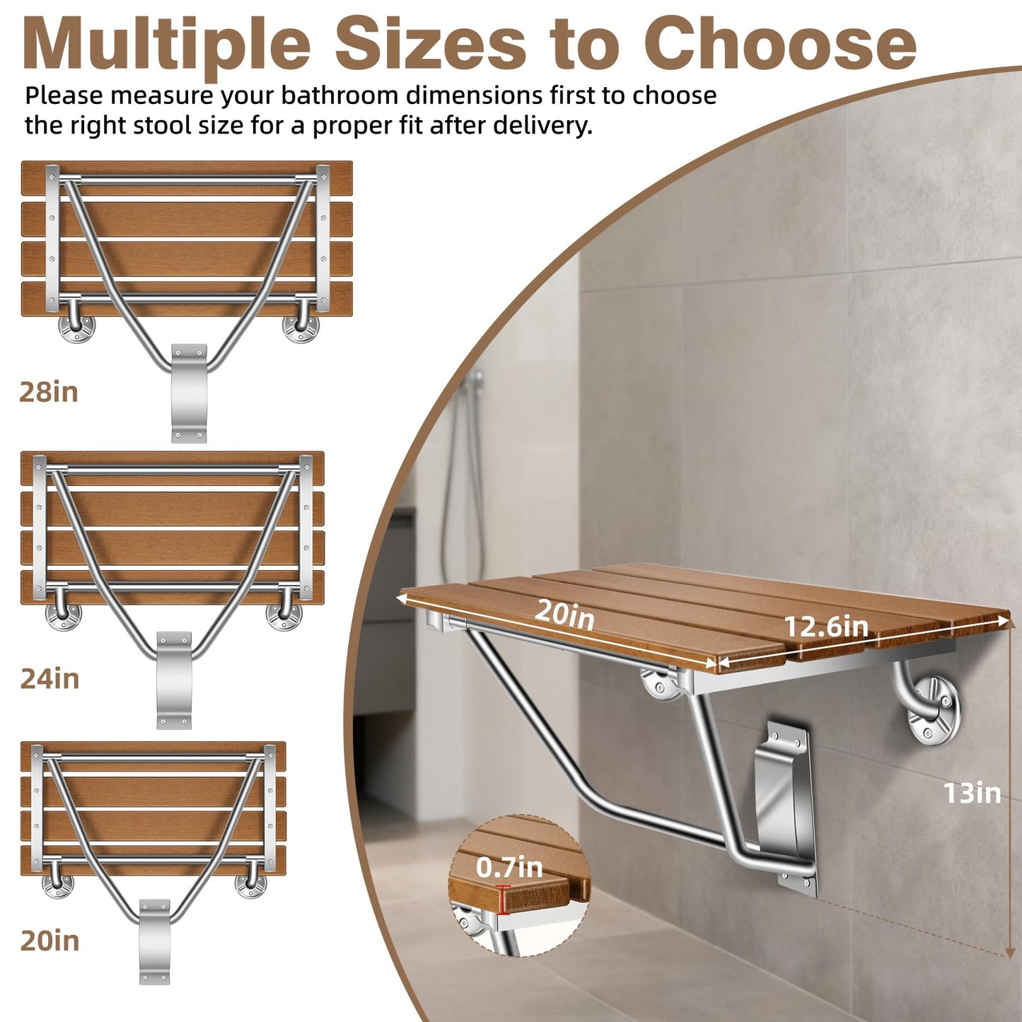 20'' Folding Shower Seat Wall Mounted, Folding Shower Bench with Stainless Steel Bracket, 500lb Load Capacity, for Elderly, Pregnant Women, Kids, Disabled