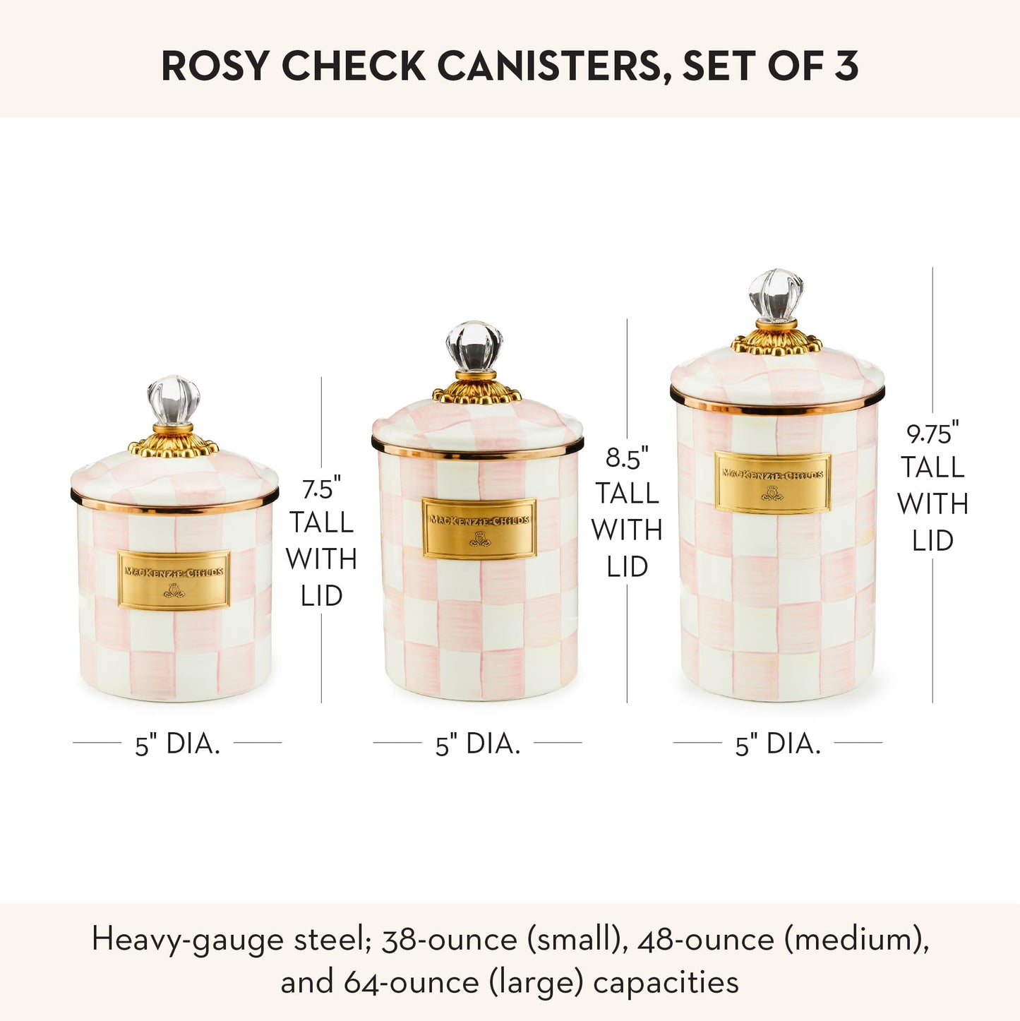 MACKENZIE-CHILDS Enamel Canisters, Small (38 oz.), Medium (48 oz.), and Large (64 oz.) Kitchen Storage Containers, Set of 3, Pink-and-White Rosy Check