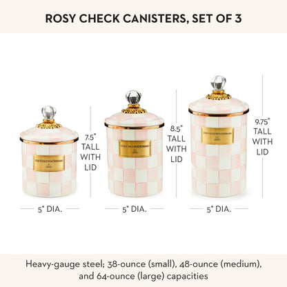 MACKENZIE-CHILDS Enamel Canisters, Small (38 oz.), Medium (48 oz.), and Large (64 oz.) Kitchen Storage Containers, Set of 3, Pink-and-White Rosy Check