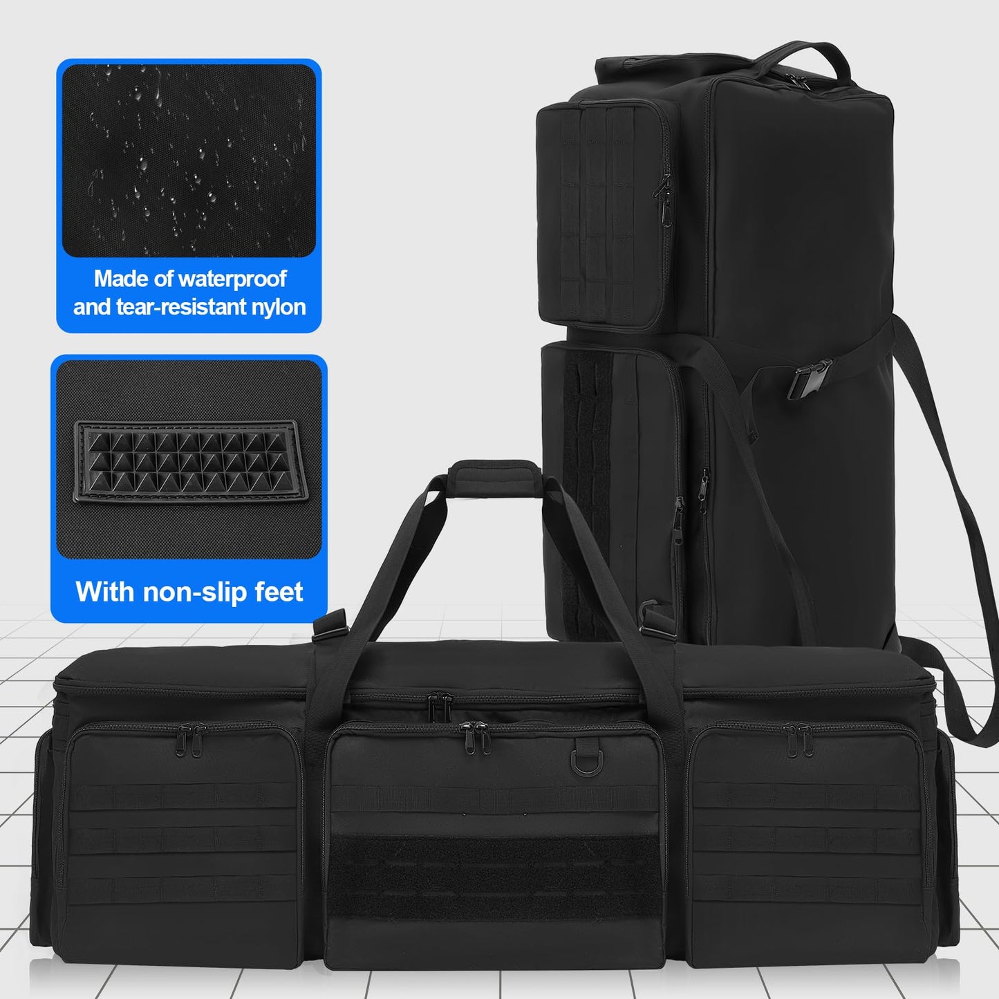 Bulyoou 42" Soft Rifle Case for 4 Guns with Molle, Tactical Multi Gun Bag with Padded Dividers and Backpack Straps, Extra Pockets for Outdoor Hunting and Shooting Range, Safe Storage Shipping (Black)