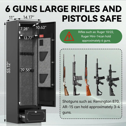 Xyvaly Gun Cabinet 5-6 Gun Safe for Rifles and Pistols with Removable Shelf & Drawer Fully Assembled Rifle Safe with Pistol Bags and Stock Rifle Safe for Home Security, Fits Shotguns & Rifles