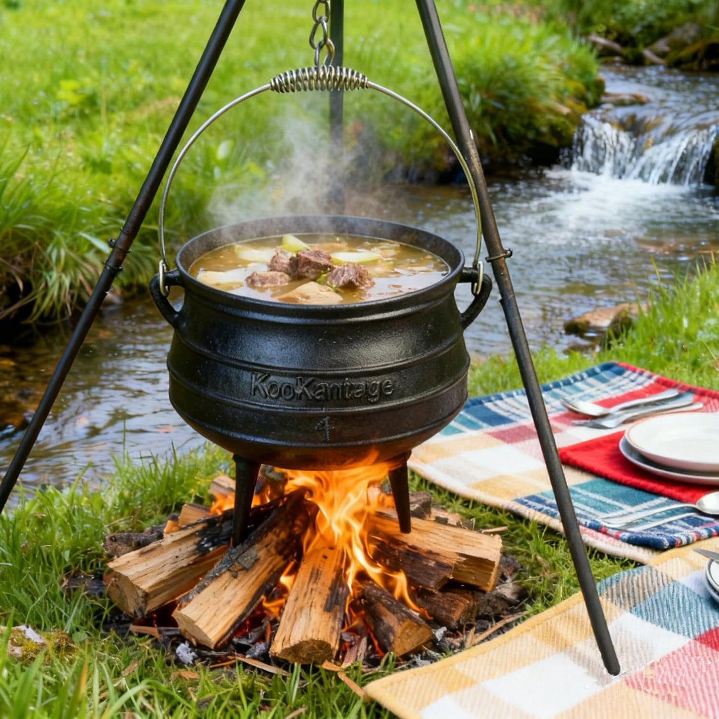 12 Quart Cast Iron Dutch Oven Cauldron Pot - Camping Cookware with Lid - Pre-Seasoned Heavy-Duty Potjie for Stews, Soups, Braising, and Frying Over Fire Pit Grill or Camp Stove