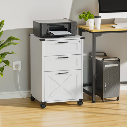 Onelike Small Wood File Cabinet with Lock, Nightstand with Charging Station, 3 Drawer Under Desk Lateral Filing Cabinets for Home Office, Printer Stand with Storage, White