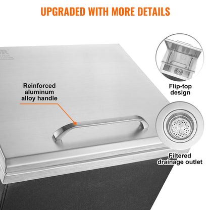 VEVOR Drop in Ice Chest, 14" L x 12" W x 18" H Stainless Steel Ice Cooler, Commercial Ice Bin with Hinged Cover, 40 qt Outdoor Kitchen Ice Bar, Drain-Pipe and Drain Plug Included, for Cold Wine Beer