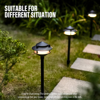 VENUS MANUFACTURING 12V Low Voltage Landscape Path Lights, 4-Pack 2.2W LED 2-Tier Tiered Path Lights (3100K Warm White) Landscape Lighting, Die-Cast Metal Housing with Stake, IP65 Weatherproof, Black