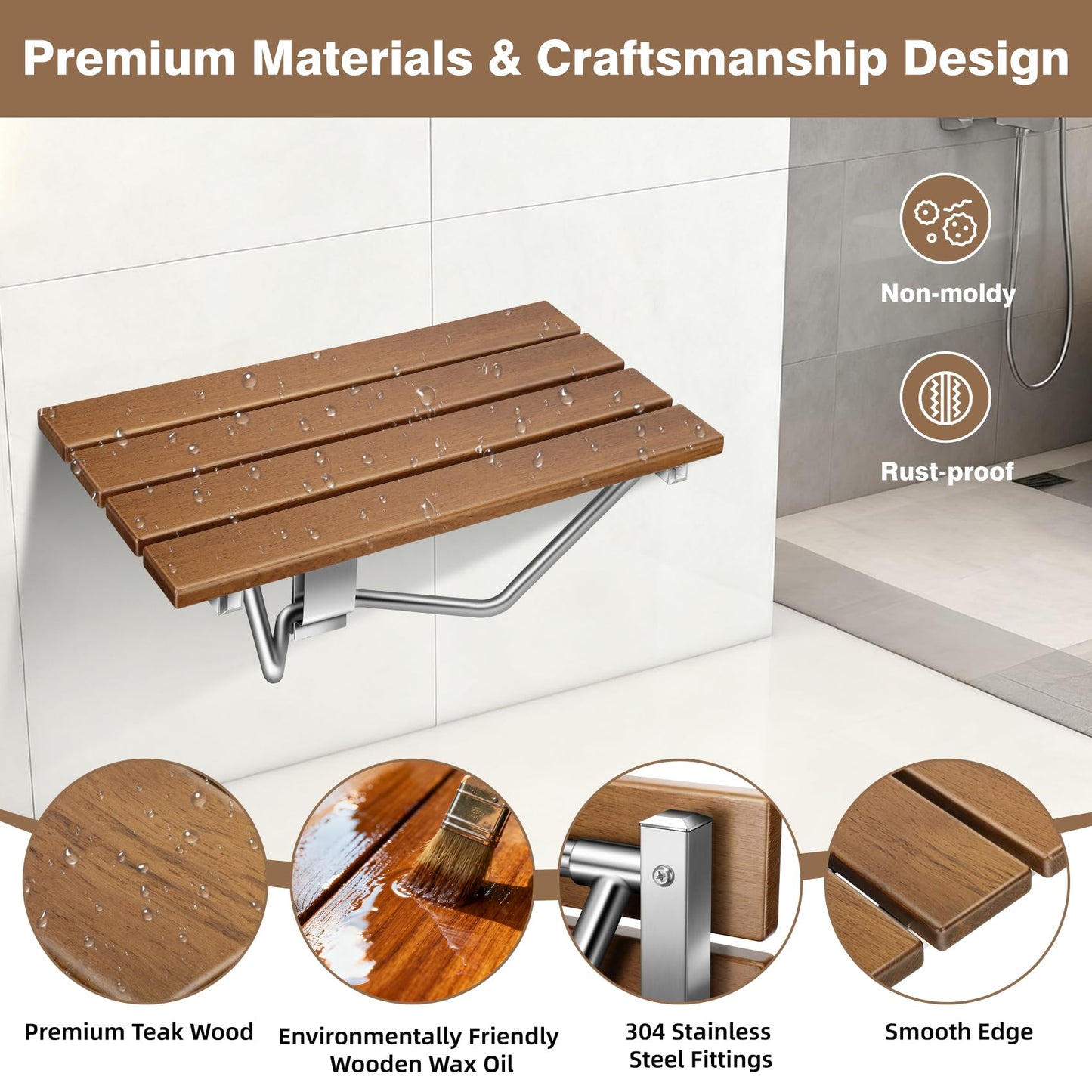 20'' Folding Shower Seat Wall Mounted, Folding Shower Bench with Stainless Steel Bracket, 500lb Load Capacity, for Elderly, Pregnant Women, Kids, Disabled