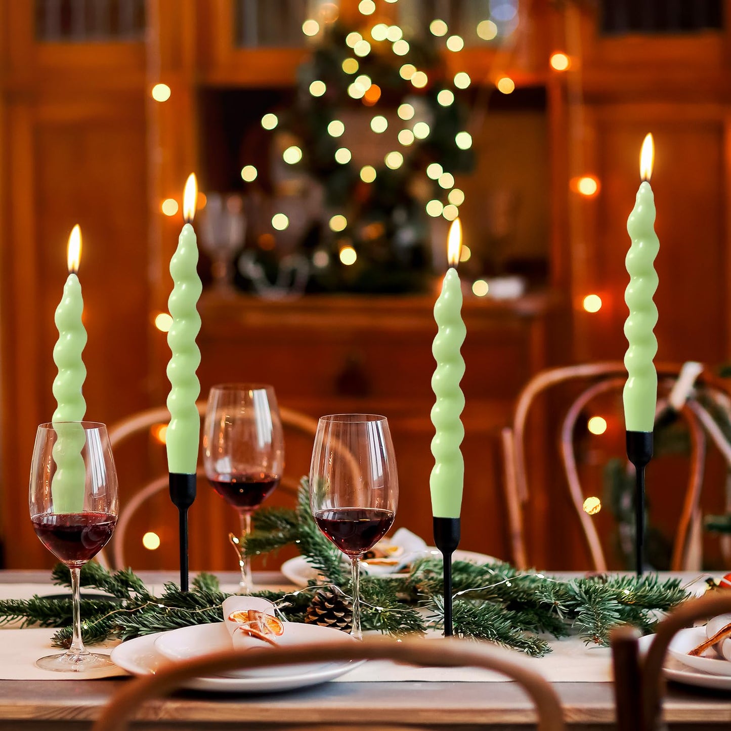 4 Pack 7 Inch Sage-Green Spiral Taper Candles, Unscented Dripless Fat Twisted Candlesticks for Home Décor Party and Celebrations