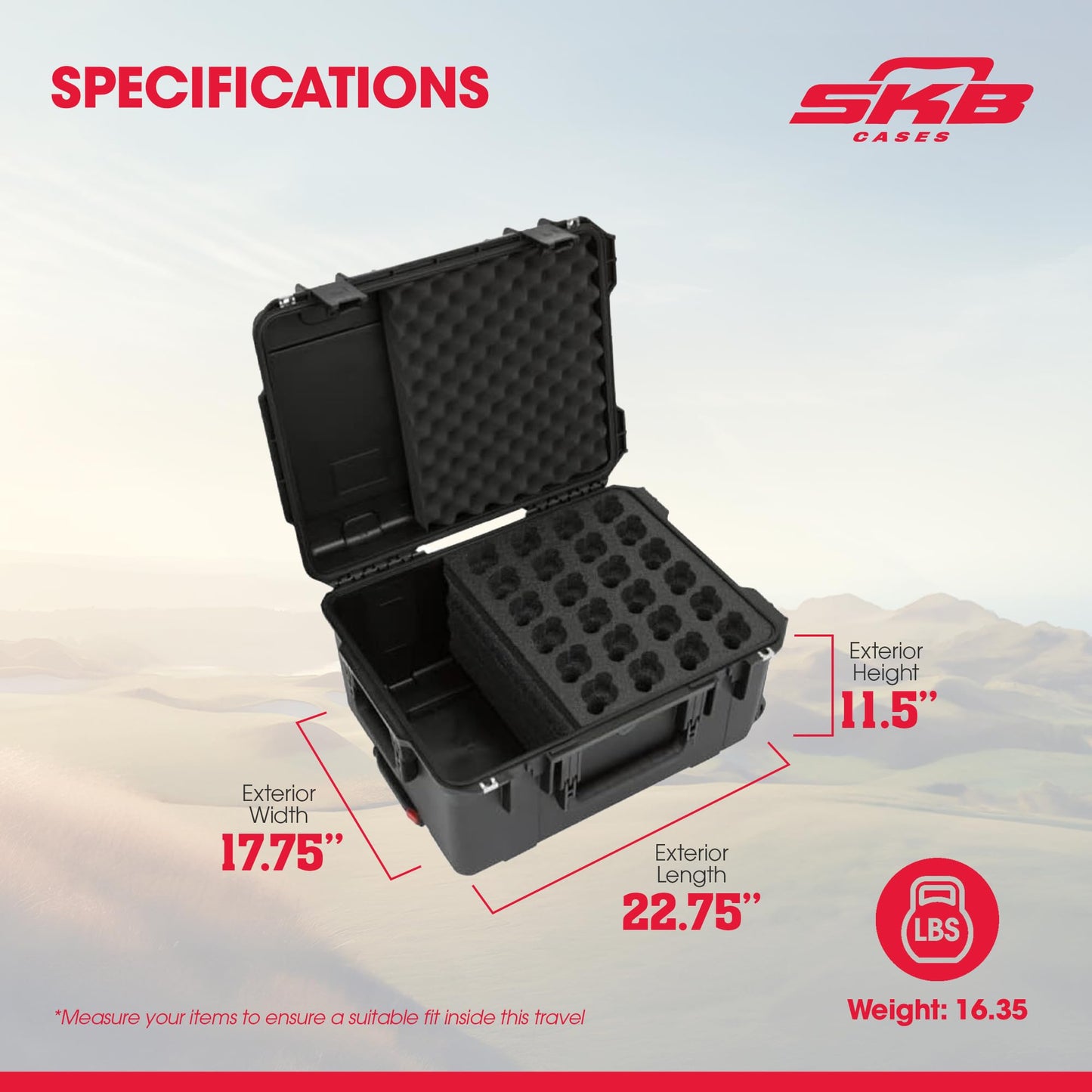 SKB iSeries Microphone Hard Case, Waterproof Polypropylene Shell with 24-Slot Foam Interior, Cable Storage and Wheels for Mic System Protection