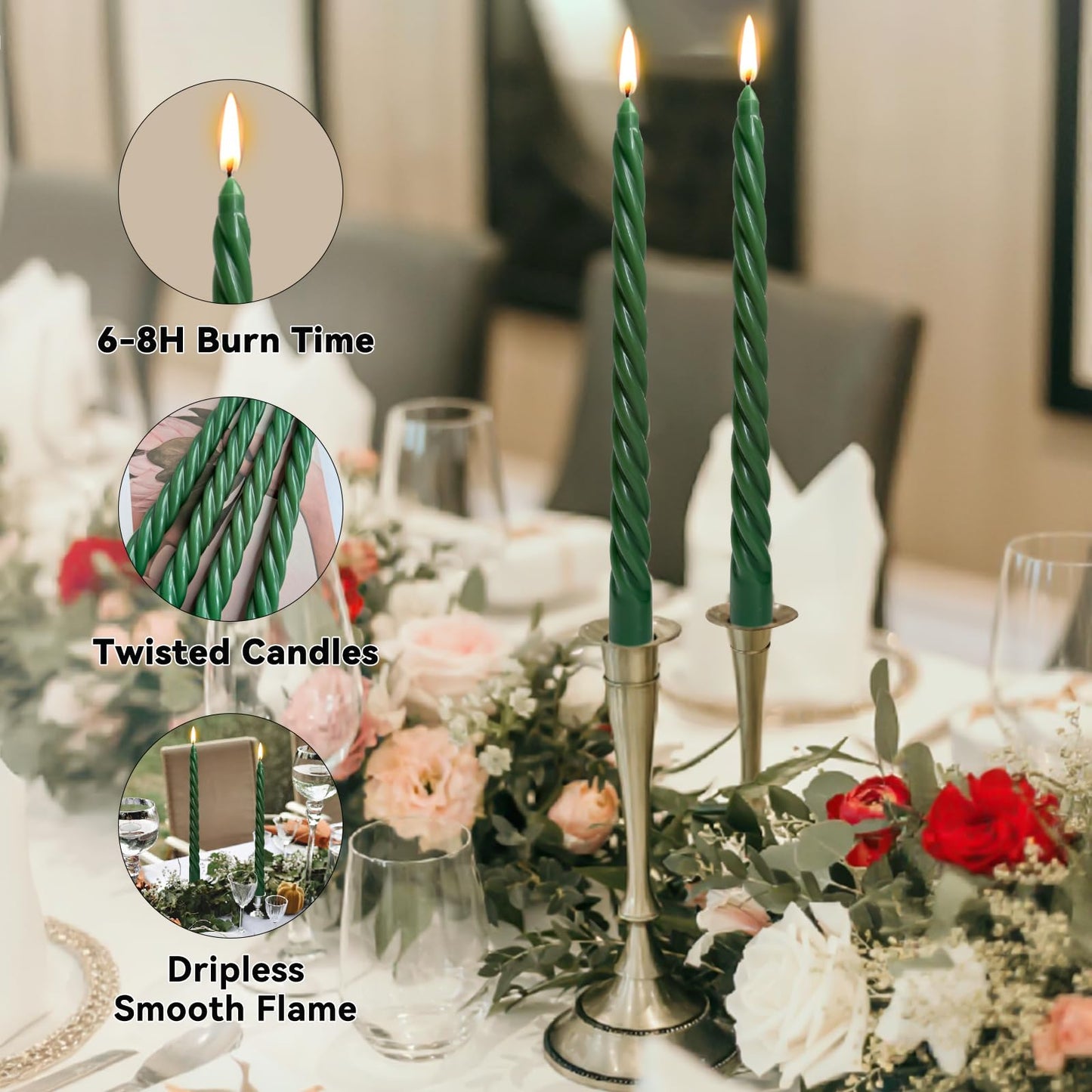 10 Inch Hunter-Green Twisted Taper Candles Set for Christmas and Spring, 12 Pack Unscented Dripelss Candlesticks for St. Patrick's Day Holiday Party Decoration