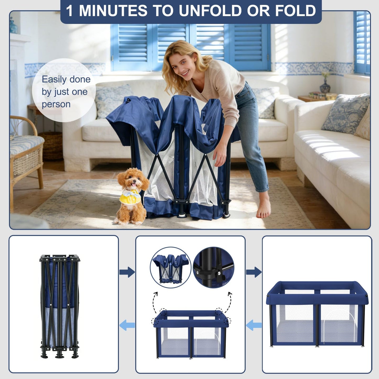 50x50x25.6 Inches Puppy Playpen with Gate, Foldable Dog Playpen for Puppies or Small Dogs, Pet Fence with Thickened Fabric, for Indoor Outdoor (Blue)