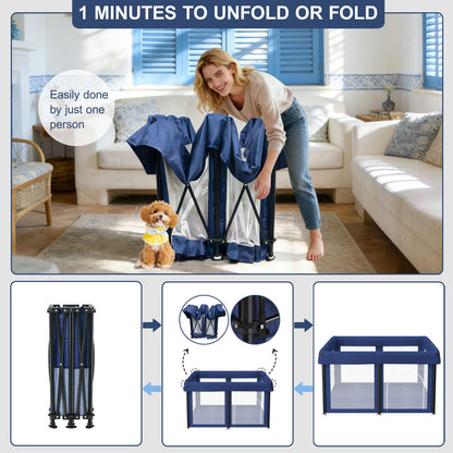 50x50x25.6 Inches Puppy Playpen with Gate, Foldable Dog Playpen for Puppies or Small Dogs, Pet Fence with Thickened Fabric, for Indoor Outdoor (Blue)