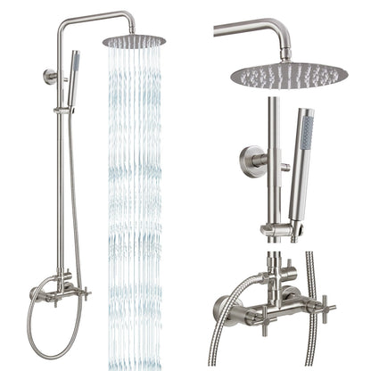 gotonovo Outdoor Shower Fixtures SUS304 Stainless Steel Rain Shower Kit Faucet High Pressure Wall Mount 2 Dual Function 8 Inch Showerhead and Handheld Spray Combo, Double Cross Handle, Brushed Nickel