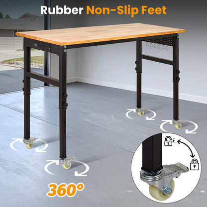 60" x 24" Heavy Duty Workbench with ETL Power Outlet, 8-Level Height Adjustment (29.5"-39.4"), Rubberwood Top with 2000 Lbs Capacity, for Garage/Workshop/Home Office, Metal Casters & Pegboard