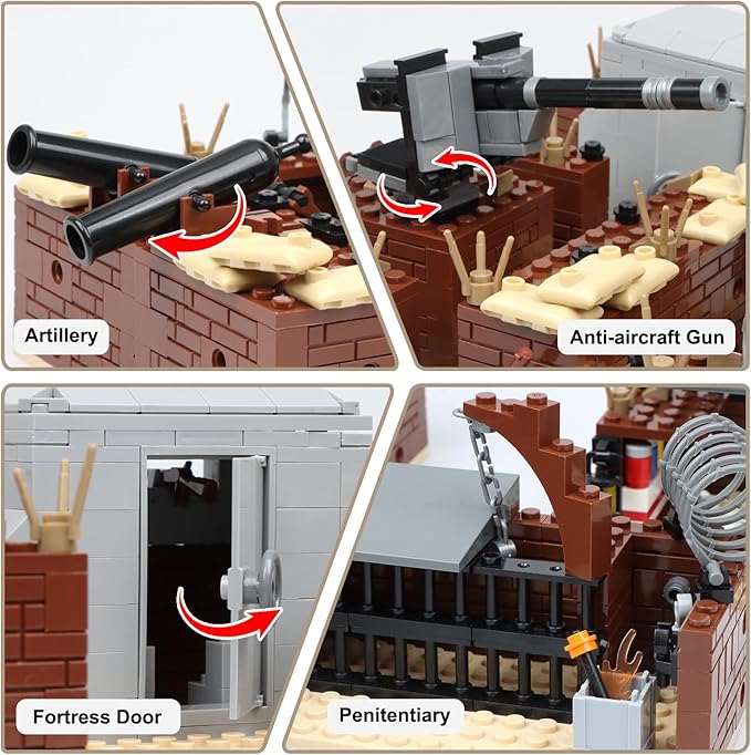 Finger Rock WW2 Military Base Bunker Trench Building Set 8 in 1 Army Battle Scenes with Fortresses Anti-Aircraft Guns Treatment Room and Penitentiary Idea Gifts for Teens Adults 14+ (833pcs)