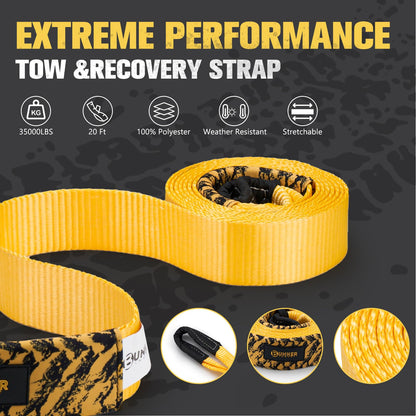 BUNKER INDUST Off-Road Traction Boards (Black) + 3" x 20ft Tree Saver Winch Strap 35,000 lbs Recovery Straps