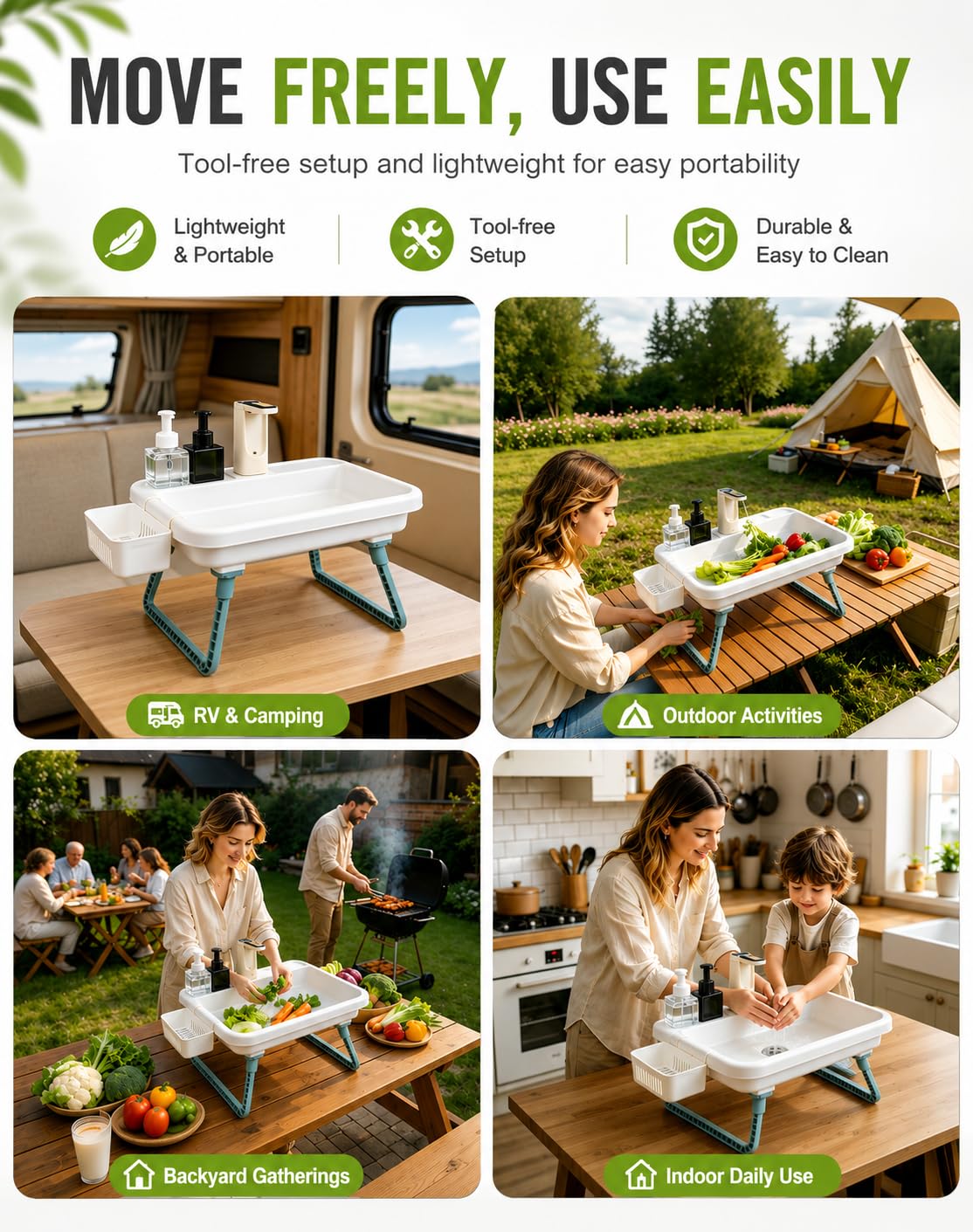 Portable Outdoor Sink with Electric Faucet - Adjustable Height Camping Sink, 3 Water Modes Hand Washing Station, Lightweight RV Portable Sink for Camping Backyard Dishwashing