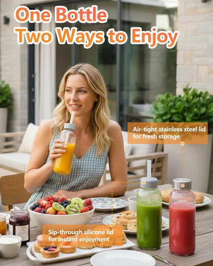 Zukro Glass Water Bottles with Lids & Straw 16 oz, 8 Pack Reusable Juice Bottles With Stainless Steel Cap for Juicing, Leak Proof Clear Smoothie Drinking Jars Beverages Containers, BPA Free