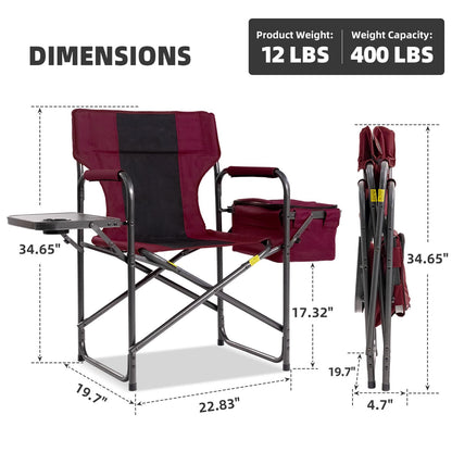 Foristrail Director Camping Chair Set of 2 with Cooler Bag & Foldable Side Tray - 400lbs Heavy Duty Outdoor Folding Lawn Chair, Portable Camp Chair for Backyard, Fishing, Beach (Wine Red)