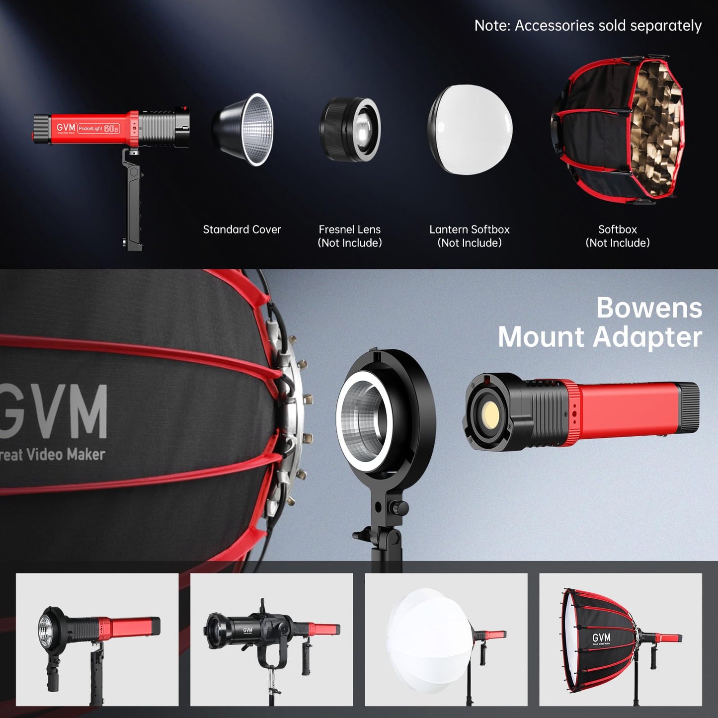GVM PD60B Studio Lights with Bowen Mount Adapter, COB Photography Lighting with Fast Charger, Portable Video Light for Photographers Flashlight, Spotlight for APP Control, 2700-6800K, 49300LUX/0.5M