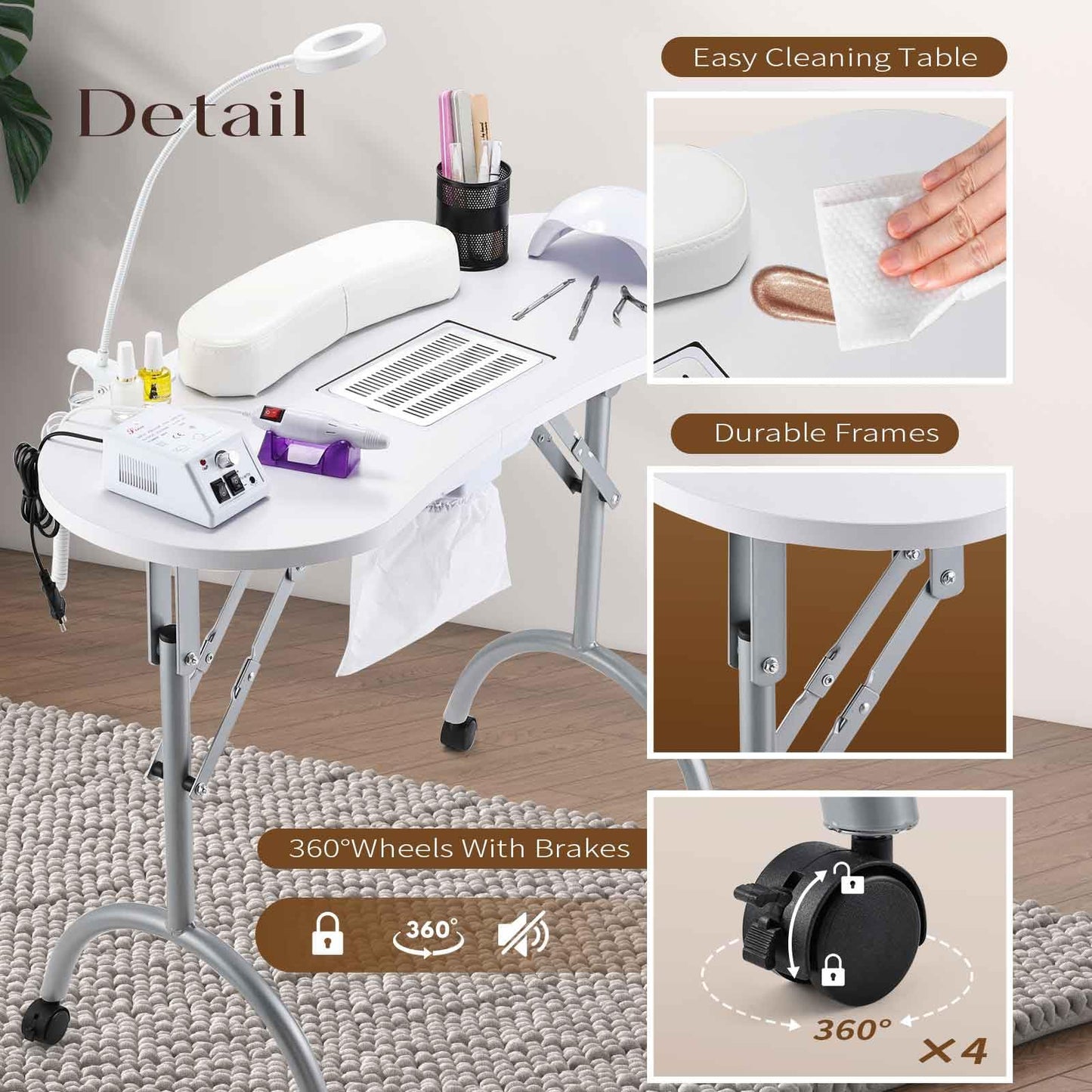 Faquenc Nail Desk with Nail Dust Collector,Portable Nail Table Rolling Manicure Table Nail Tech Travel Nail Station Professional Folding Nail Salon Table with Cacuum,Arm Rest,Lockable Wheels,Bag,White