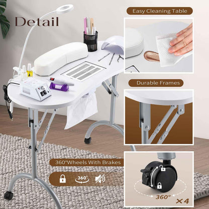 Faquenc Nail Desk with Nail Dust Collector,Portable Nail Table Rolling Manicure Table Nail Tech Travel Nail Station Professional Folding Nail Salon Table with Cacuum,Arm Rest,Lockable Wheels,Bag,White