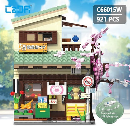 CaDA Japanese Style Cat Grocery Store House Building Set Master C66015W City Street Brick Kit with Lights 8921PCS Modular House Idea Gift for Adults