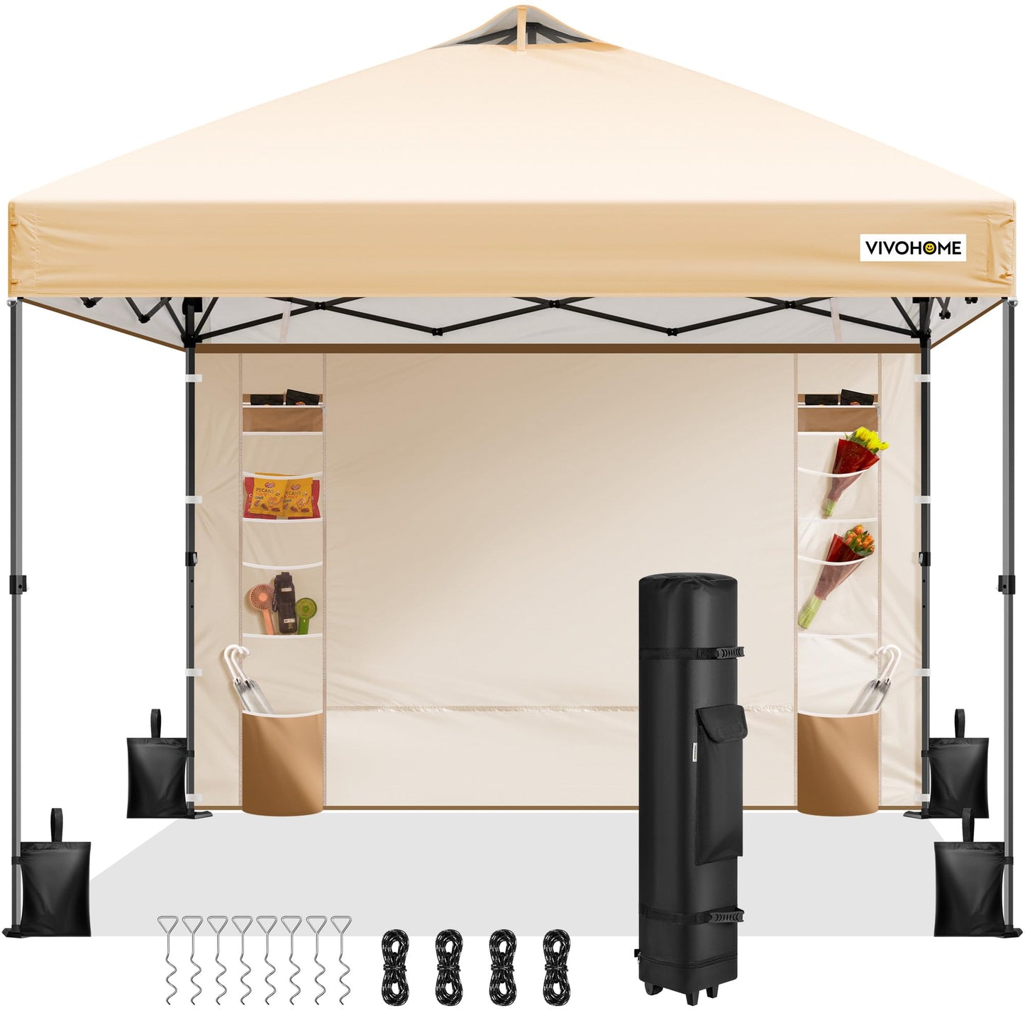 VIVOHOME 10x10ft Pop Up Canopy Tent with Sidewall and 6 Pockets, One Push Setup Outdoor Portable Shelter Tent Heavy Duty with Wheel Carry Bag and 4 Sandbags, Beige