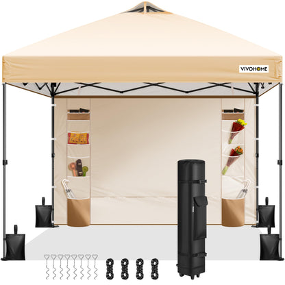 VIVOHOME 10x10ft Pop Up Canopy Tent with Sidewall and 6 Pockets, One Push Setup Outdoor Portable Shelter Tent Heavy Duty with Wheel Carry Bag and 4 Sandbags, Beige