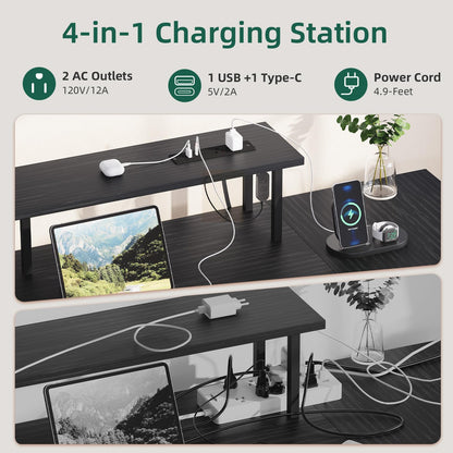 Somdot L Shaped Desk with 4 Drawers,61" Reversible Home Office Desks with Power Outlets,L Shaped Gaming Desk with USB Charging Port,Corner Desk with Storage Shelves,Easy to Assemble,Black