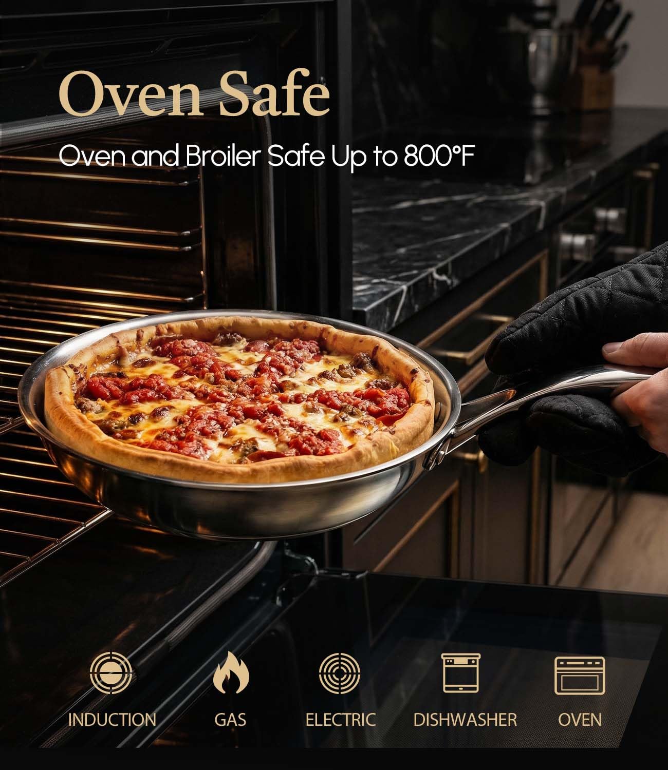 Lebof 12 Inch Stainless Steel Pan, 5-Ply Clad Base 800℉ Safe Stainless Steel Frying Pans for Even Heating, Premium Cookware for Induction, Gas,Electric&Oven