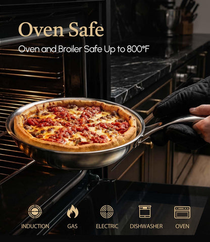 Lebof 12 Inch Stainless Steel Pan, 5-Ply Clad Base 800℉ Safe Stainless Steel Frying Pans for Even Heating, Premium Cookware for Induction, Gas,Electric&Oven