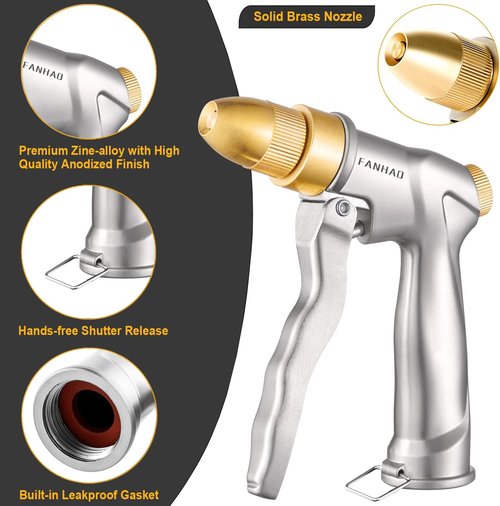 FANHAO Heavy Duty Metal Garden Hose Nozzle - Adjustable Brass Tip Spray for Plants, Cars & Pets