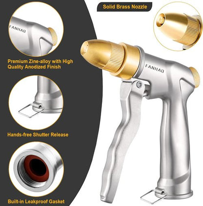 FANHAO Heavy Duty Metal Garden Hose Nozzle - Adjustable Brass Tip Spray for Plants, Cars & Pets