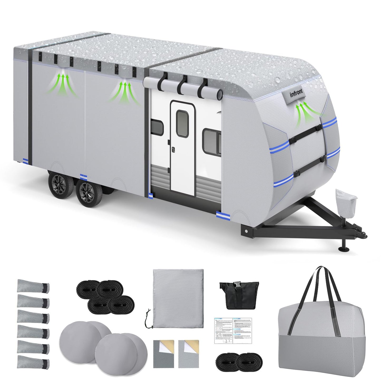 RV Cover 30-33ft, 7 Layers Heavy Duty Travel Trailer Cover, Weatherproof & UV Resistant Camper Cover with 10 Windproof Straps, 4 Tire Covers, Storage Bag, Gutter & Tongue Jack Covers