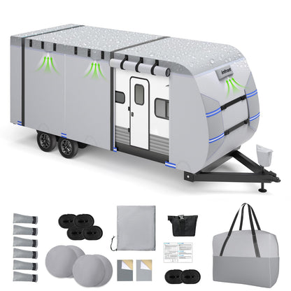 RV Cover 30-33ft, 7 Layers Heavy Duty Travel Trailer Cover, Weatherproof & UV Resistant Camper Cover with 10 Windproof Straps, 4 Tire Covers, Storage Bag, Gutter & Tongue Jack Covers
