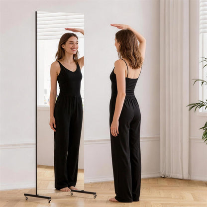 brisafe 70" x 22" Full Length Rolling Floor Mirror on Lockable Wheels, Rectangular Shatter-Resistant Safety Glass, for Home Dance Studio & Yoga, Black Metal Frame and Stand