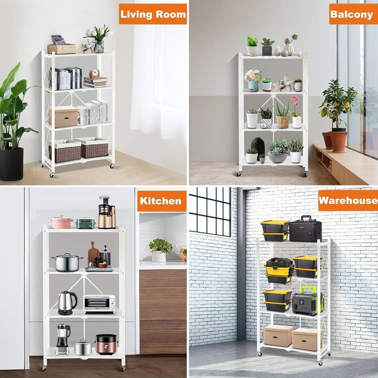 4 Tier Shelf Foldable Storage Shelf w/360° Movement Wheels, No Assemble Shelving Storage, Heavy Duty Folding Shelves, Garage Shelf Storage Organizer for Laundry, Kitchen, Utility Room(White, 4Tier)