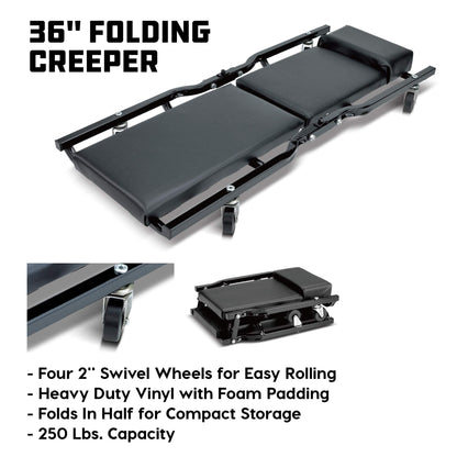 Powerbuilt 6 Piece Car Jack and Garage Creeper Service Set, 2 Ton Vehicle Lift, Jackstands, Folding Creeper, Wheel Chocks, Car Repair Garage Equipment - 640816, Large, Red