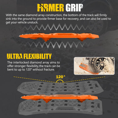 BUNKER INDUST Offroad Traction Boards with Jack Base, Pair Portable Recovery Track Tire Traction Mat - Orange Sand,Mud,Snow Tracks(Replaceable Dual Colors Teeth/Rugged Steel Plate), Gen 12th