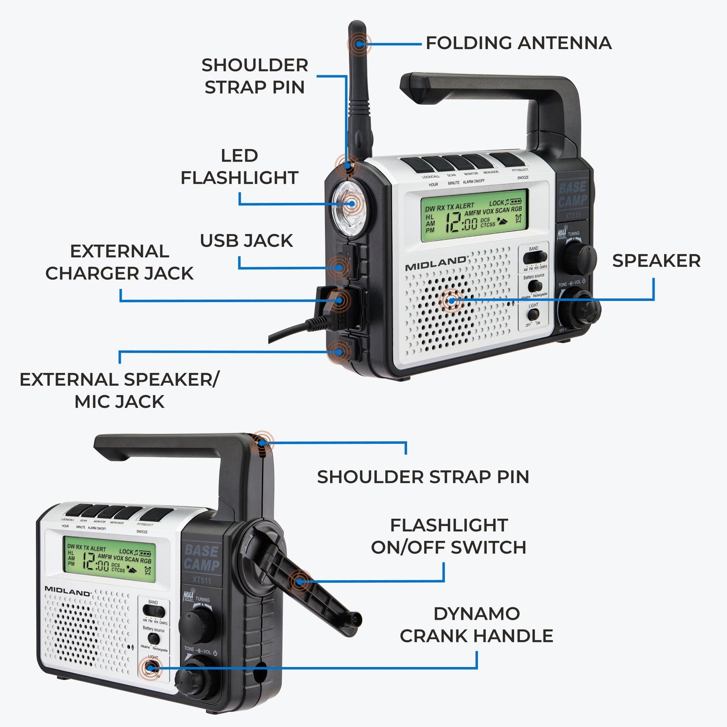 Midland® - XT511 - Emergency Radio - 22 Channel Two-Way Base Camp Radio with 5 Power Options, 121 Privacy Codes, 3-LED Flashlight & NOAA Weather Scan + Alert - Gray/Black