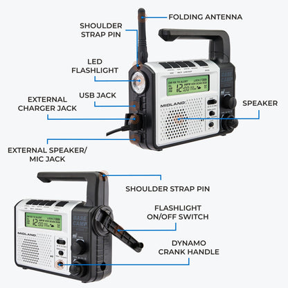 Midland® - XT511 - Emergency Radio - 22 Channel Two-Way Base Camp Radio with 5 Power Options, 121 Privacy Codes, 3-LED Flashlight & NOAA Weather Scan + Alert - Gray/Black