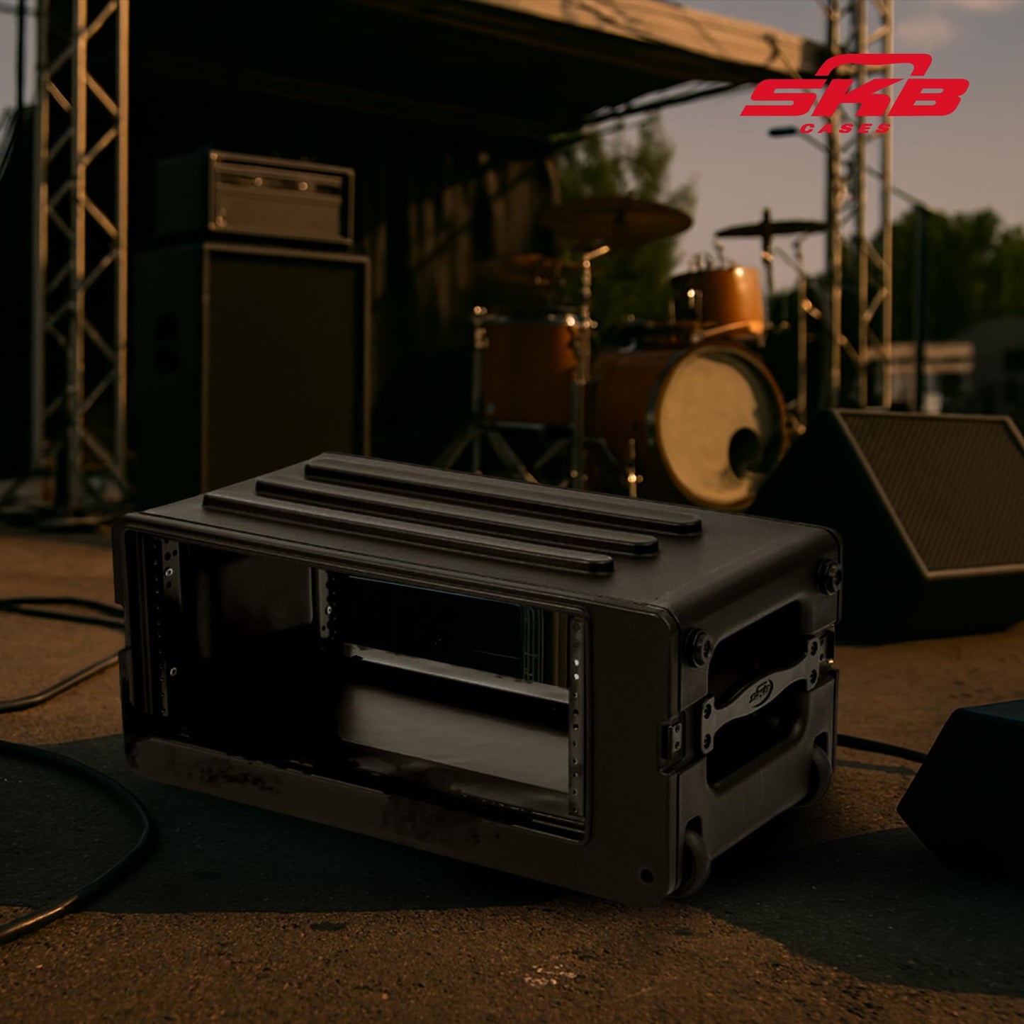 SKB 4U rSeries Shallow Rolling Rack with Integrated Back Wheels and 1-Touch Pull Handle, Comes with 8 Rack Units and Interlocking Molded Stacking Bars