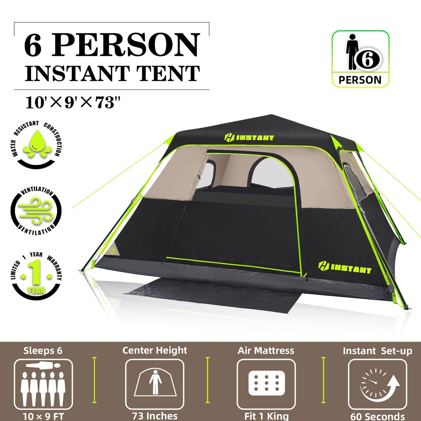 HINSTANT 4/6/8/10 Person Instant Tent, Waterproof Pop Up Tents for Camping with Rainfly, 60 Seconds Easy Setup, Automatic Cabin Tent for Family Camping with Expandable Carry Bag & Upgraded Ventilation